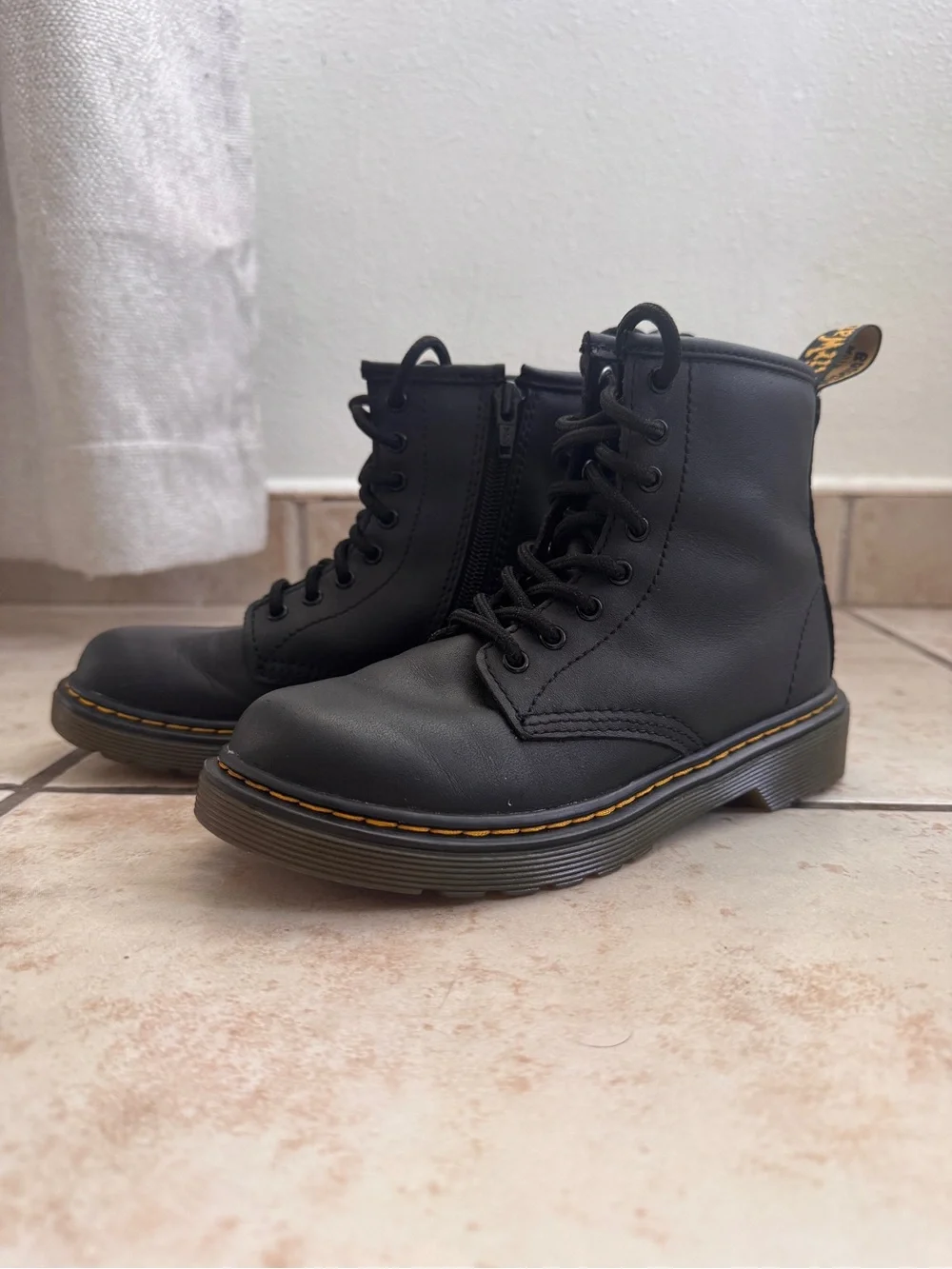 Dr. Martens Black Leather Lace-Up Ankle Boots with Yellow Heel Loop